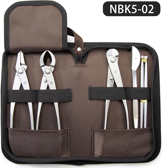 TianBonsai Bonsai Tools 5-Piece Alloy Steel Bonsai tool Kit In Cluding 205mm Wire Cutter / 205mm Round Edge Cutter / 205mm Jin Plier / 200mm Straight Root Hook/Tweezers( NBK5-02)