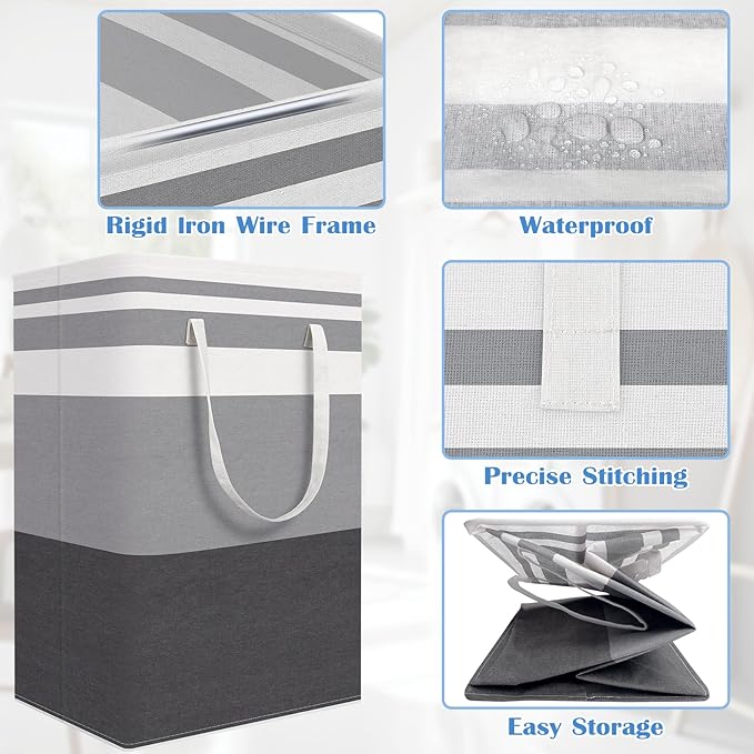 BlissTotes 3-Pack Laundry Basket, Freestanding＆Waterproof Laundry Hamper, Collapsible Tall Clothes Hamper with Easy Carry Handles for Clothes, Towels in the Family and Dorm,Gradient Grey,75L