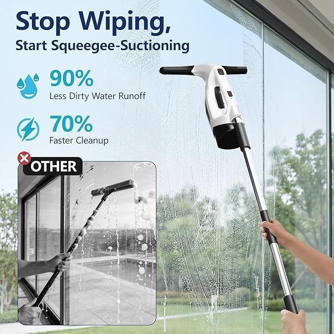 Window Vacuum Squeegee with Extendable Pole 31-40", 2000Pa Electric Window Cleaning Tool with 2200mAh and 150ml Dirty Water Tank, Long Handle Squeegee for Shower Glass, Window Cleaning (White)