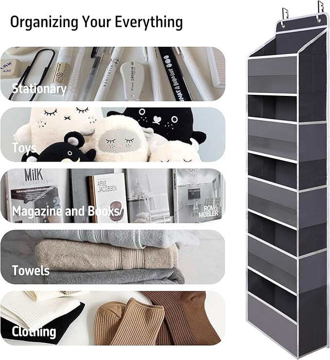 TYMENSH Over Door Organizer with 5 Large Pockets, Heavy Duty Hanging Organizer Storage, Closet Bathroom Nursery Bedroom Dorm, Toys Cosmetics Sundries and Baby Essentials, Gray