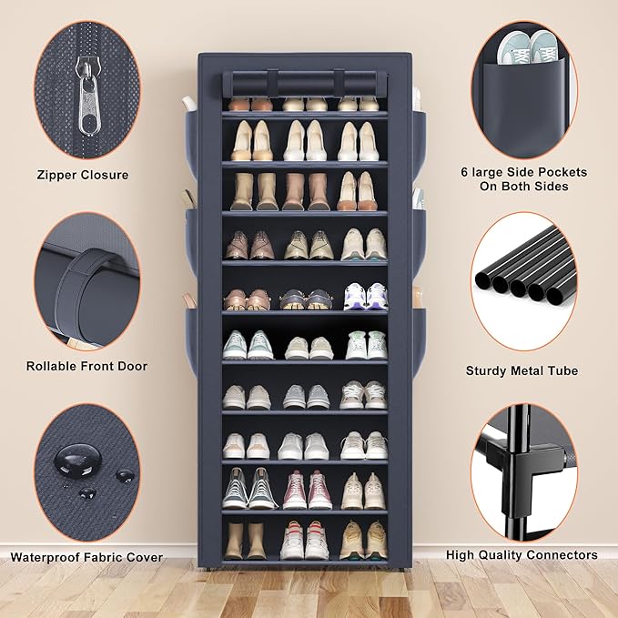 OYREL Shoes Rack 10 Tier Tall Shoe Rack with Storage Pockets, Fabric Covered Shoe Racks,Metal Shoes Rack Organizer for Closets,Bedroom, Garage