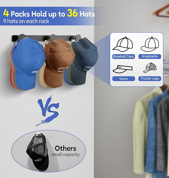 KIMBORA 4 Packs Hat Rack for Wall, Hat Organizer for Baseball Caps Holds 36 Hats, 3 Mounting Options Hat Hook Hanger, Strong Baseball Hat Holder Storage, Cap Display for Door, Room, Closet (Black)