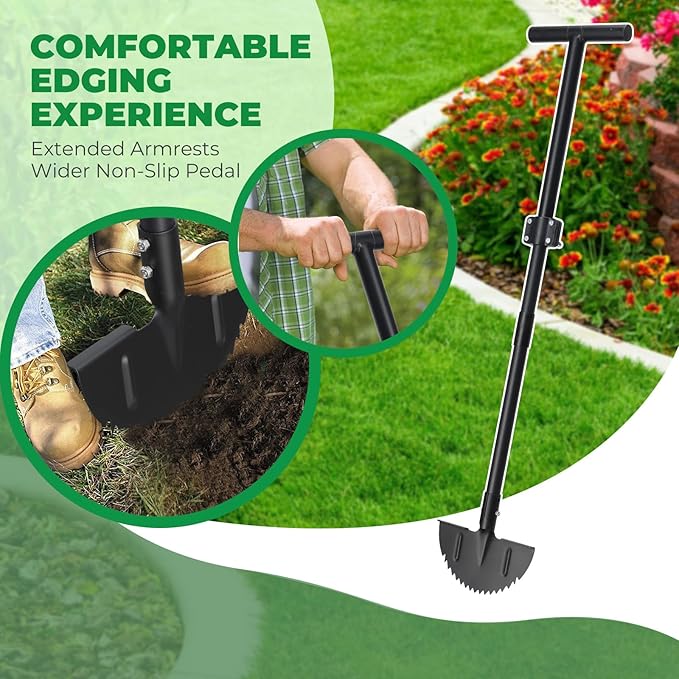 Edger Lawn Tool, Manual Half Moon Edger with Sharp Round Saw Tooth Blade and Step, Stand Up Garden Tools for Landscaping, Borders, Sidewalk, Turf, 34-43 inch Adjustable Metal Grass Edging Tool