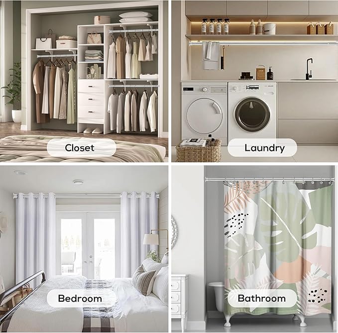 1.3 Inch Diameter Closet Rods for Hanging Clothes 17-39 Inch Adjustable, Metal Heavy Duty Closet Pole, Silver Closet Bar for Hanging Clothes, Suitable for Closet, Wardrobes, Bathroom, Windows