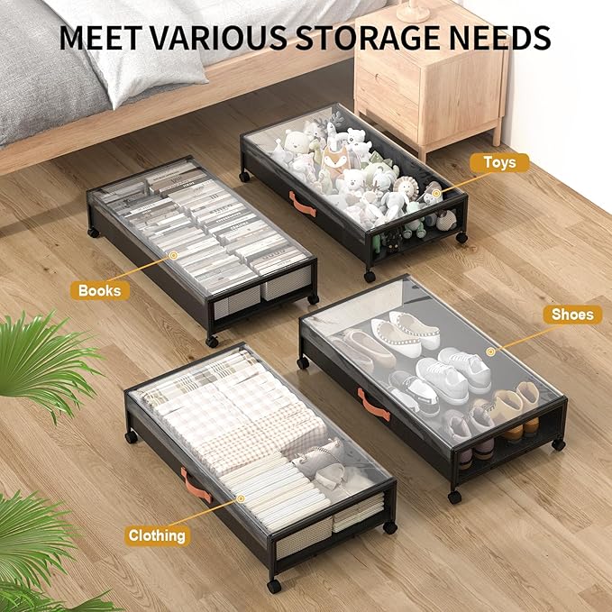 Under Bed Storage Containers with Wheels Large Underbed Shoes Blankets Clothes Toy Storage Drawers for College Dorms Bedrooms Nursery Rooms Organization (Black 2 Pack, 7.5in height(31"x16.6"x7.48"))
