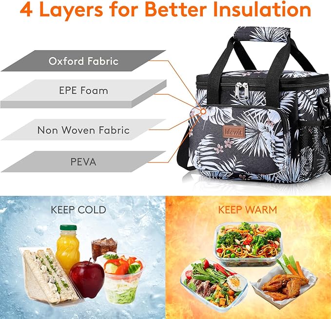 Lifewit Medium Lunch Bag, Insulated Lunch Box, Soft Cooler Cooling Tote for Adult Men Women, Flower 12-Can (9L)