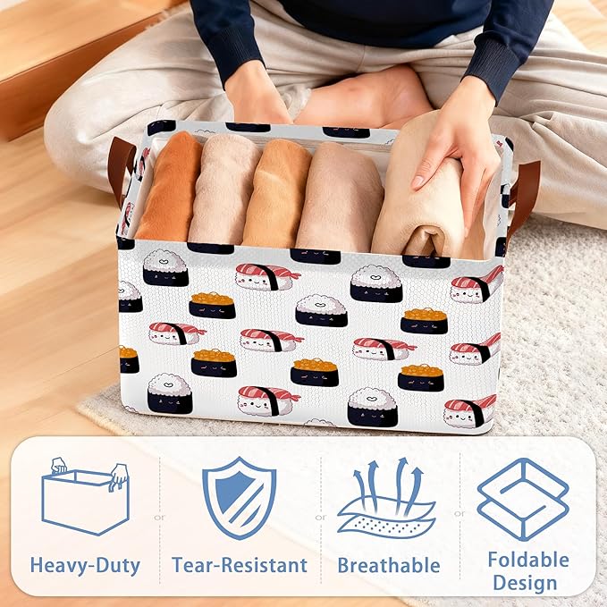 Cute Sushi Storage Basket,Japanese Collapsible Storage Bin Cubes for Living Room Bedroom Blankets Home Storage 17x11.5x10Inch