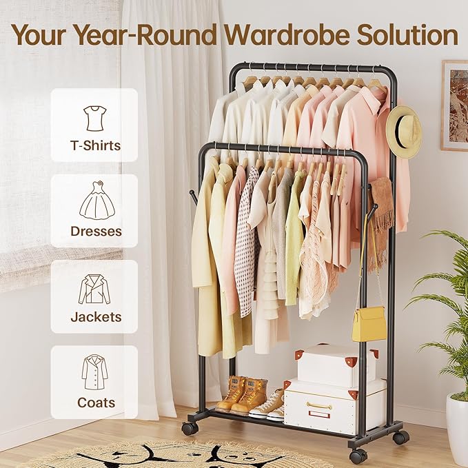 Delamu Clothes Rack, Double Rods Clothing Rack for Hanging Clothes, Metal Garment Rack with Rolling Wheels, Portable Wardrobe Closet Rack for Coat, Bedroom, Laundry, Black