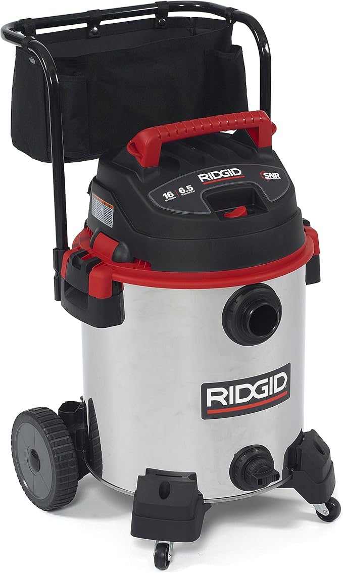 RIDGID 50353 1610RV Stainless Steel 16-Gal. Wet Dry Shop Vacuum with Cart, 6.5 Peak HP Motor, Large Wheels, Pro Hose, Drain, and Blower Port, Red