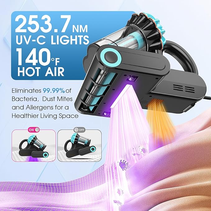 Belife M8 Mattress Vacuum Cleaner, Anti-allergen Bed Vacuum Cleaner with UV & Hot Air & High Heating, 550W 18Kpa Powerful Suction Double-Cup Handheld Vacuum for Bed, Couch, Sofa, Corded (Blue)