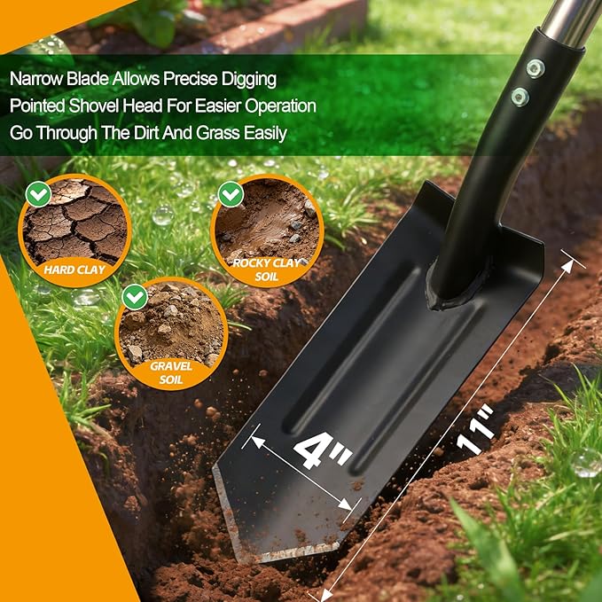 Stainless Steel Trench Shovel,4-Inch V-Shape Narrow Trenching Spade–Heavy Duty Professional Garden & Landscaping Tool with 60-Inch Adjustable Long Handle &Foot Pedal for Digging,Edging,and Entrenching