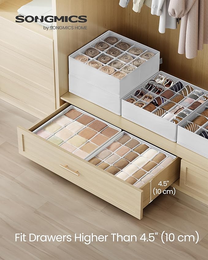 SONGMICS Set of 4 Drawer Organizers, Closet Organizers for Underwear, 80 Cells, Foldable Sock Holders, 11.8 x 11.8 x 3.9 Inches, for Storing Socks, Ties, Belts, Cloud White URUS011W01