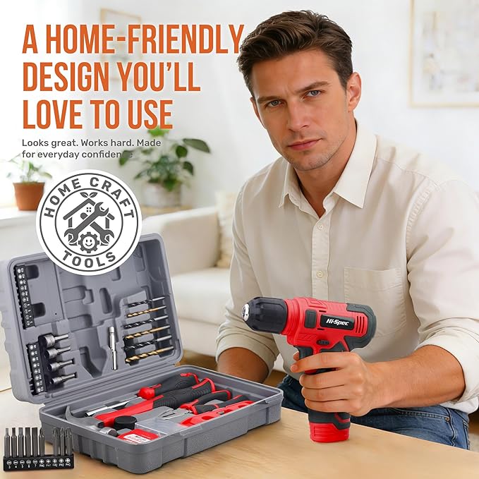 Hi-Spec 8V Cordless Drill Set & Starter Tool Kit – Rechargeable USB Electric Power Drill Driver, Compact Home Tool Set with Accessories, Red, Perfect for DIY Enthusiasts