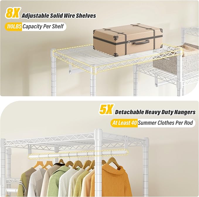 Raybee Clothes Rack with Cover,Clothing Racks for Hanging Clothes Heavy Duty,Portable Closet with Shelves,Adjustable,Loads 905 LBS,White,75" W*17.8" D*77" H