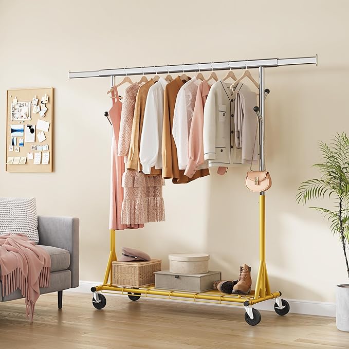 Gewudraw Rolling Clothes Rack Load 530lbs,Heavy Duty Garment Rack With Sturdy Wheel And Shelves, Adjustable Portable Hanging Rack For Clothes, Gold
