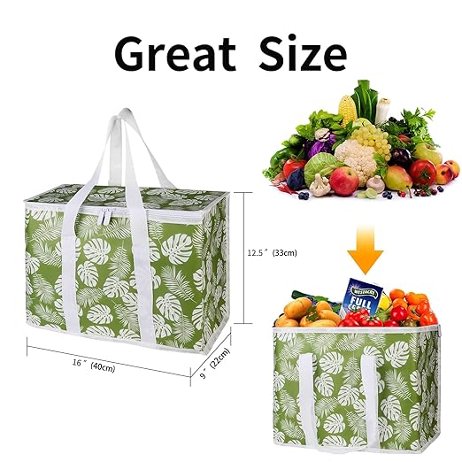 musbus 2-Pack extra Insulated Grocery shopping bag, large Green leaf, kitchen foldable reusable bags groceries,Sturdy zipper,Collapsible,tote,cooler,for transport women,Durable carrier