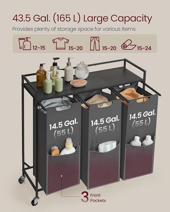 VASAGLE Laundry Sorter, 43.5 Gal. (165 L) Laundry Hamper Basket with 3 Compartments, Rolling Cart with Wheels, Shelf, Removable Bags, Pockets, Slate Gray and Charcoal Gray UBLH031G01