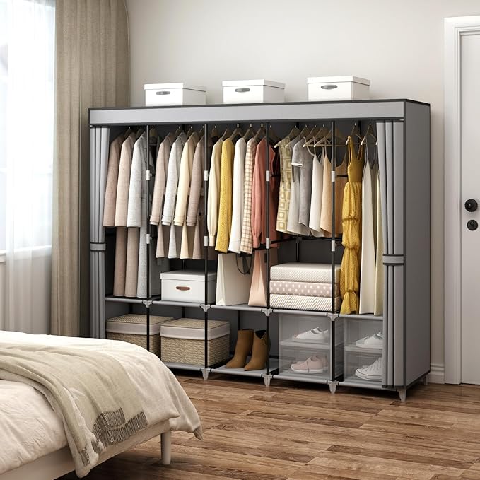 MOGELAFOO 83 Inch Wide Portable Closet Wardrobe, Clothes Storage Rack Organizer with Cover, 5 Clothes Hanging Rods and 10 Storage Shelves, Grey