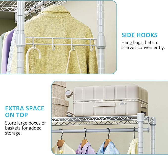 IZEUK Heavy Duty Rolling Garment Rack Wire Clothes Rack for Hanging Clothes (White, 3 Tier with 2 Rod, 29.5" W x 15.7" D x 75" H)