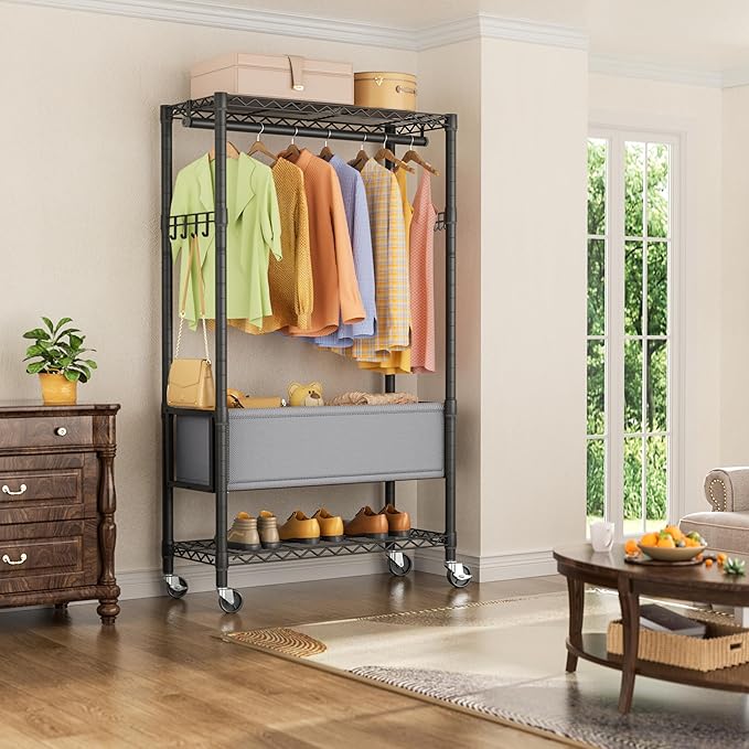 Heavy Duty Clothes Rack Rolling Garment Rack,3 Tier Adjustable Wire Shelving Clothing Racks for Hanging Clothes with Double Rods&Side Hooks,Freestanding Wardrobe Storage Rack Metal Portable Closet