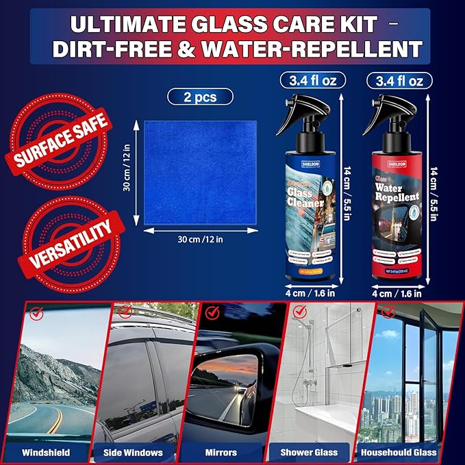 Car Glass Cleaner & Water Repellenet, Windshield Rain Repellent Streak-Free Water Spot Remover Hydrophobic Coating Protecting Against Stains Safe on Glass, Tinted Windows & Mirrors- Pack of 2