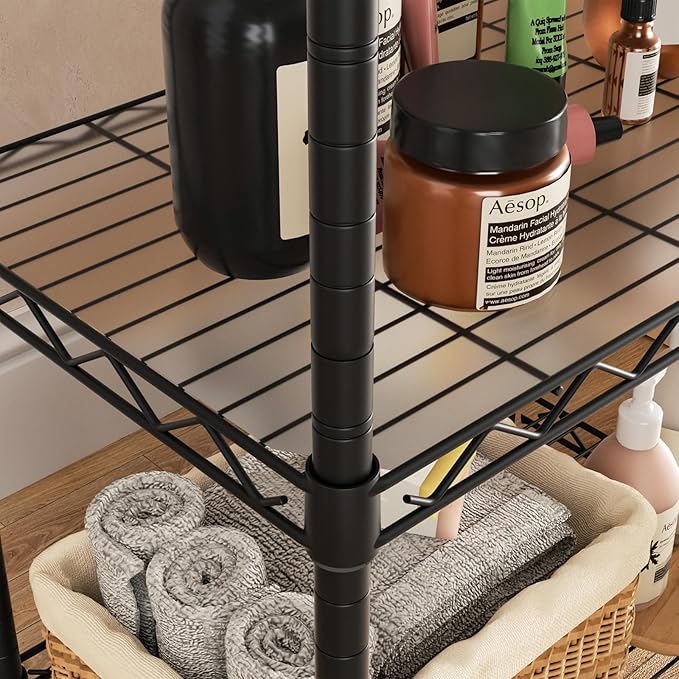 Golpart Small 3 Tier Shelves Storage Wire Shelving Unit Metal Shelf Adjustable Organizers Storage Shelving with Wheels for Bathroom Laundry Room Kitchen Pantry12”D x 18”W x 30.7”H Black