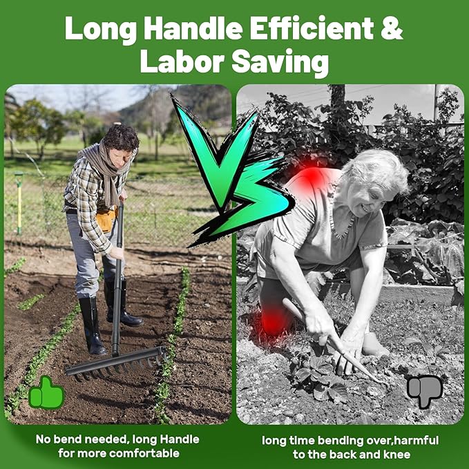 2 in 1 Hoe Garden Tool, 12 Tines Cultivators for Gardening, Weed Puller Tool with 76" Long Handle for Gardening, Weeding, Seeding, Ditching, Loosening
