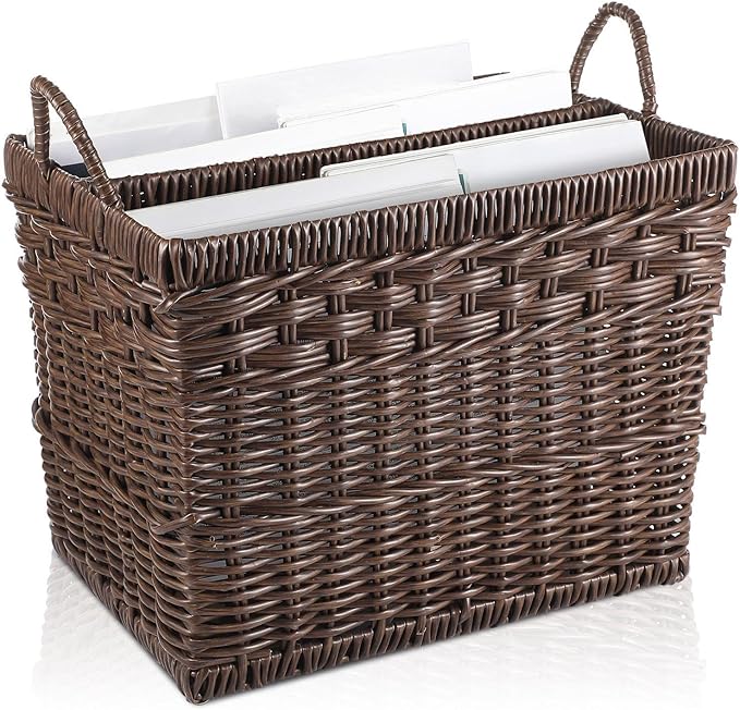Hand Woven Magazine Holder Rectangular Wicker Divided Magazine Basket with Handle Newspaper Book Storage Basket Organizer for Office Living Room Home Office, 15.5 x 12 x 12.5 Inch