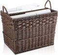 Hand Woven Magazine Holder Rectangular Wicker Divided Magazine Basket with Handle Newspaper Book Storage Basket Organizer for Office Living Room Home Office, 15.5 x 12 x 12.5 Inch