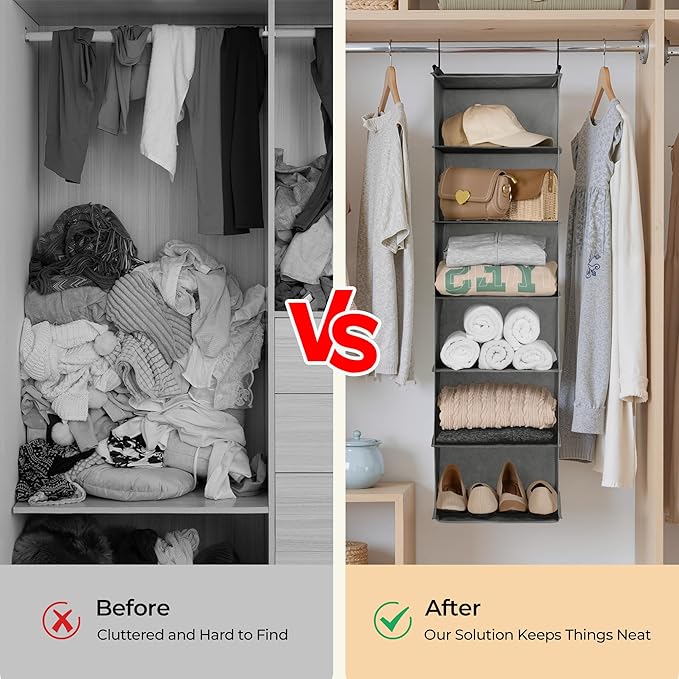 GRANNY SAYS 6 Shelf Hanging Closet Organizers and Storage, Collapsible Closet Hanging Organizer with 2 Sturdy Hooks, Large Hanging Shelves for Closet, Bedroom, Dark Gray
