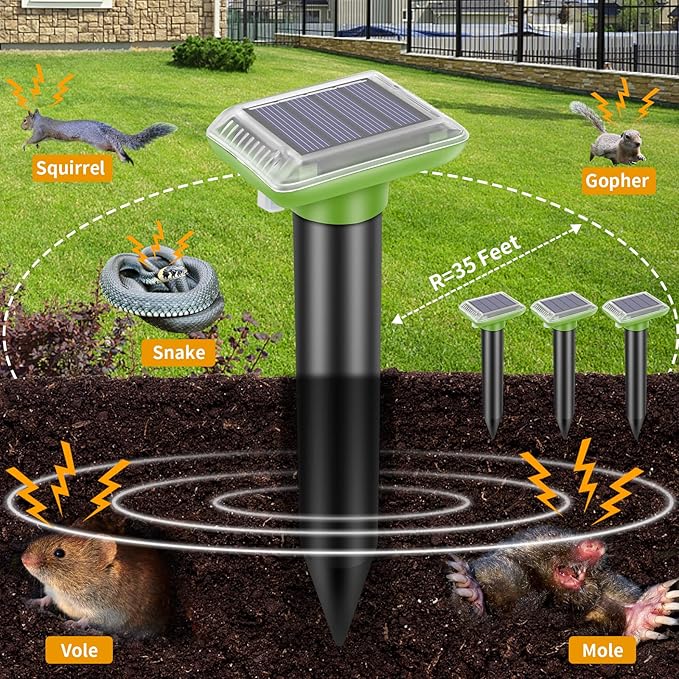 Solar Mole Repellent, Ultrasonic Gopher Repeller Outdoor, Solar Powered Waterproof Snake Repellent Deterrent Gopher Vole Snake Pest and Other Animals from Lawn Garden Yard Home(4 Packs)