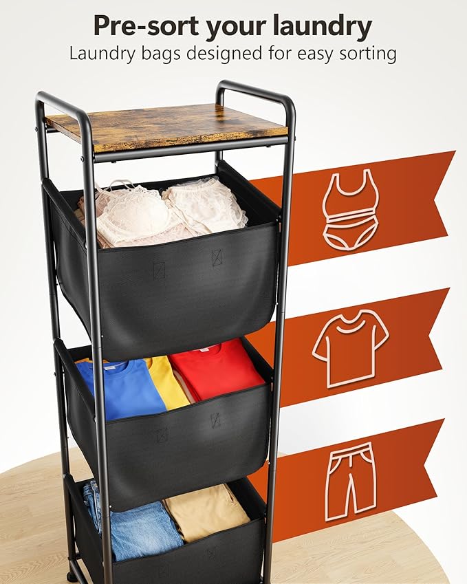Moforoco Vertical Laundry Sorter 3 Section with Shelf, Laundry Hamper with Removable Bag, 120 L Laundry Baskets organizer for Bathroom, Apartment, Dorm Room, Black