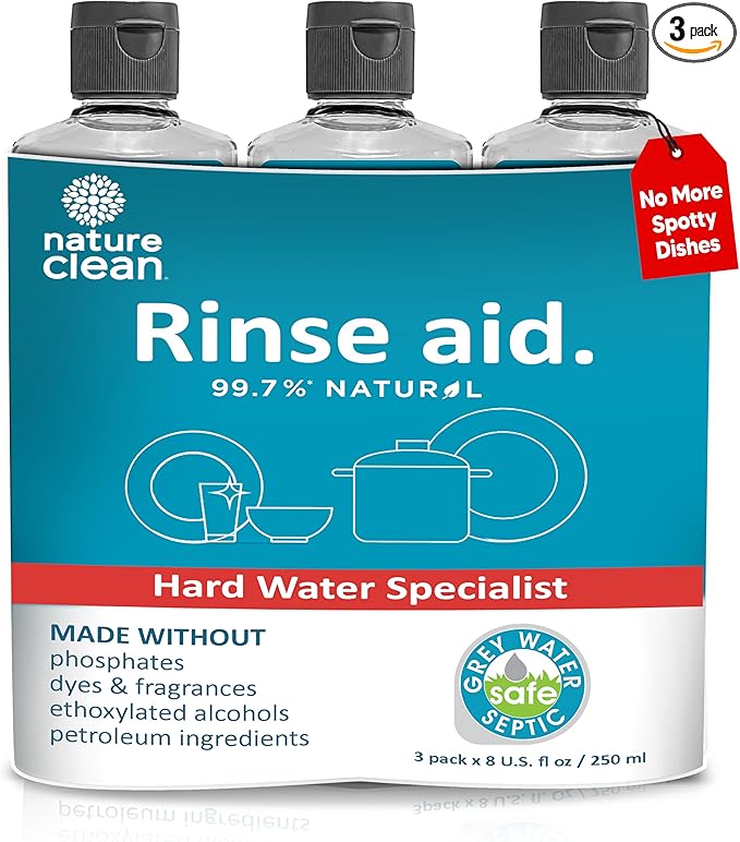 Nature Clean Dishwasher Rinse Aid Liquid, Non Toxic Natural Formula, Spot Free Shine for Glasses & Dishes, Hard Water Stain Remover, Dishwasher Drying Agent, 8 oz/250 ml Pack of 3