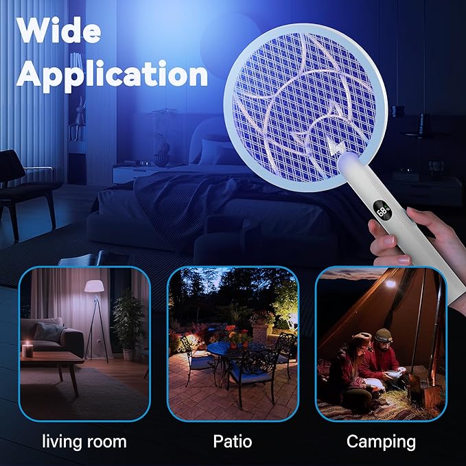 Electric Fly Swatter Racket, 2 in 1 Mosquito Bug Zapper 4100V Handheld Mosquito Killer with 1800 mAh Rechargeable Battery, Purple Light and 3-Layer Safety Mesh for Indoor Outdoor Blue