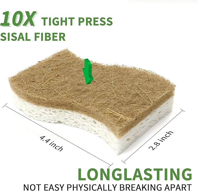 16 Pack Biodegradable Natural Kitchen Sponge - Compostable Cellulose and Coconut Walnut Scrubber Sponge - Eco Friendly Sustainable Sponges for Dishes