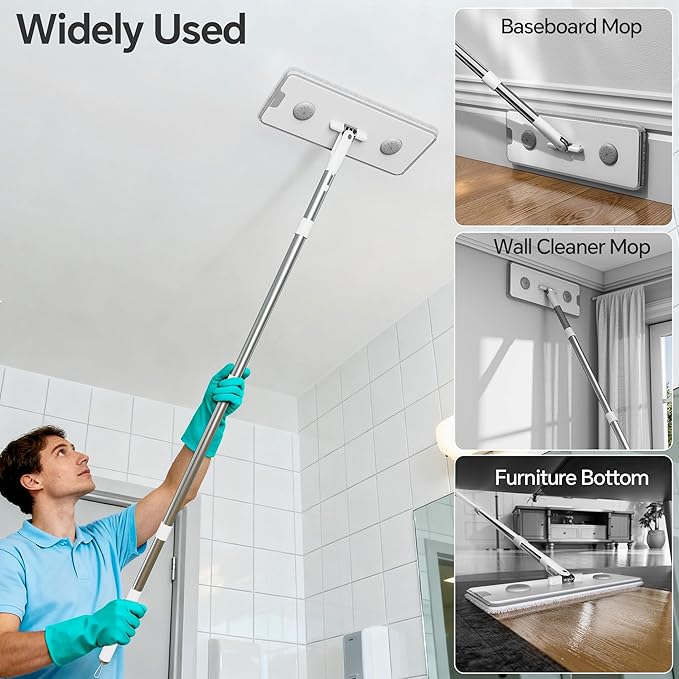 CTIME Large Mop and Bucket Set, Flat Mop and Bucket System, Wall Mop with Adjustable Handle (Max 70.87 Inches), Mops for Floor Cleaning, 6 Washable 15.74'' Microfiber Mop Pads