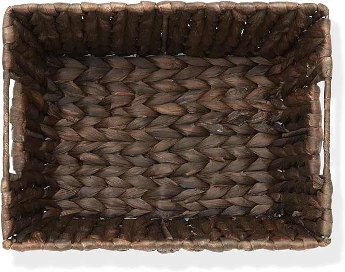 Casafield Set of 4 Water Hyacinth Storage Baskets with Handles - Espresso, Woven Rectangular Storage Bins for Shelves, Blankets, Laundry Organization