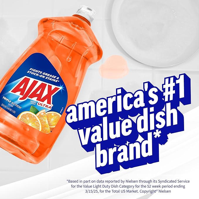 Ajax Ultra Liquid Dish Soap Orange Scent,Triple Action, Mess-Free, Easy-Flip Cap, 52 fl oz Bottle