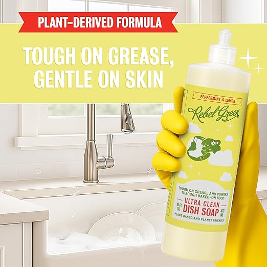 Rebel Green Super Deluxe Dish Soap - Natural Dishwashing Soap - Liquid Dish Detergent - Sustainable Dish Liquid Scented with Peppermint & Lemon - (16 oz Bottles, 1 Pack) - Packaging May Vary