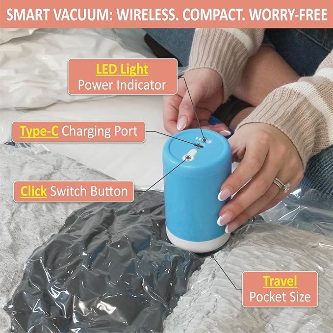 Cozy Essential Travel Vacuum Storage Bags with Rechargeable Cordless USB Pump for Luggage, Suitcase, Carry-on Size Vacuum Seal Compression Space Saver Bags for Clothes and Clothing, 16 Combo