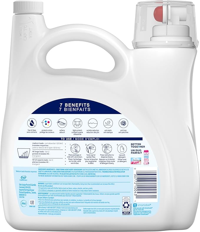 Downy Free & Gentle Liquid Fabric Softener,140 fl oz,190 Loads,Hypoallergenic,Sensitive Skin Friendly Fabric Conditioner Liquid,(Pack of 2)