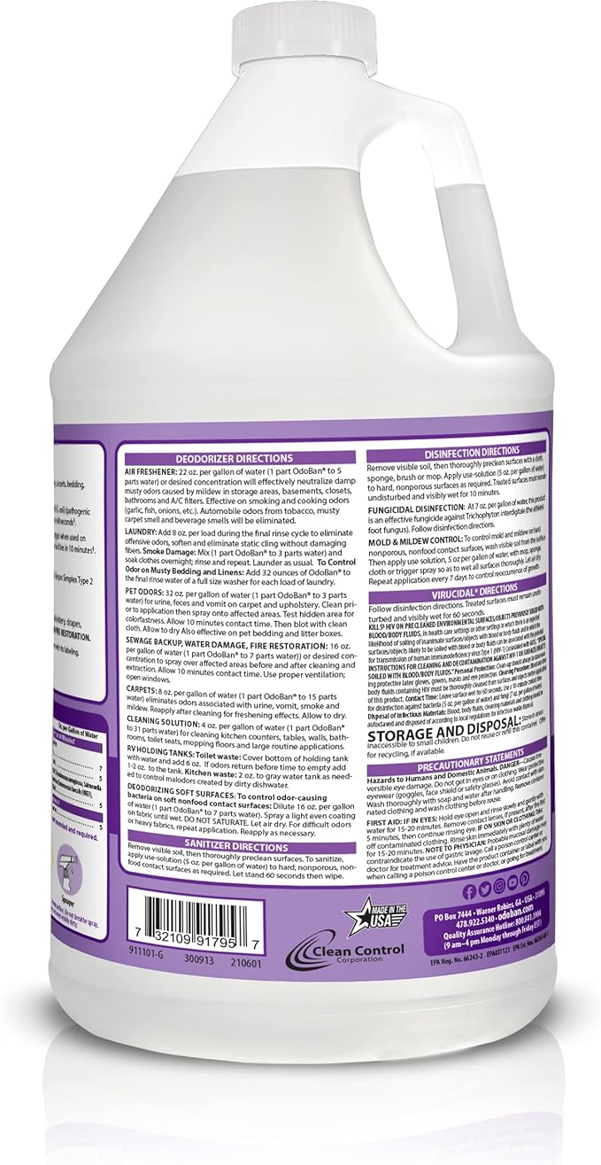 OdoBan Ready-to-Use Disinfectant and Odor Eliminator, Made in the USA, Lavender Scent, Set of 2, 32 oz Spray and 1 Gallon Concentrate