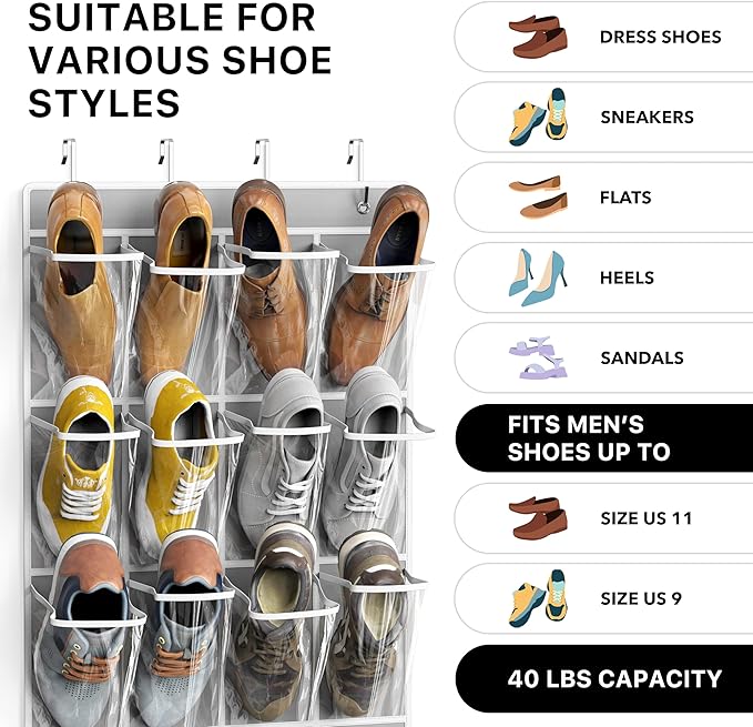 Simple Houseware 24 Pockets Large Clear Pockets Over The Door Hanging Shoe Organizer, Gray (56" x 22.5")