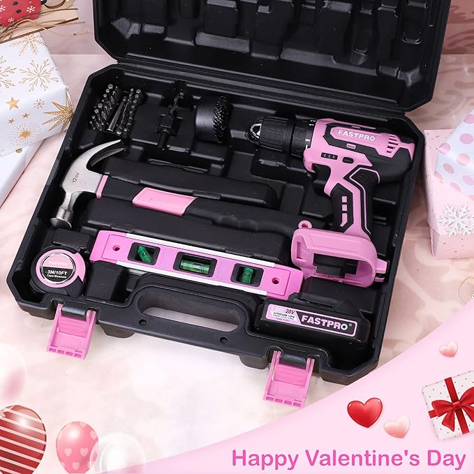 FASTPRO 177-Piece 20V Pink Cordless Lithium-ion Drill Driver and Home Tool Set, Lady's Home Repairing Tool Kit with Drill in Storage Case