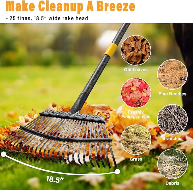 Rake for Leaves - 25 Tines Heavy Duty Metal Rake Set with Leaf Scoops & Collector Bag, Adjustable Rakes for Lawns, 3-in-1 Leaf Collection Tool for Efficient Yard Pine Needle Grass Cleanup 5FT