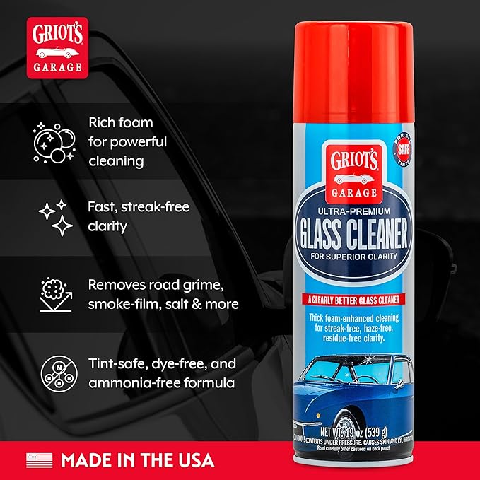 Griot's Garage Ultra-Premium Glass Cleaner, Foaming Aerosol Spray for Car Window, Windshield, Mirror, Tint Safe, Ammonia-Free Formula, 19 Oz, 10998