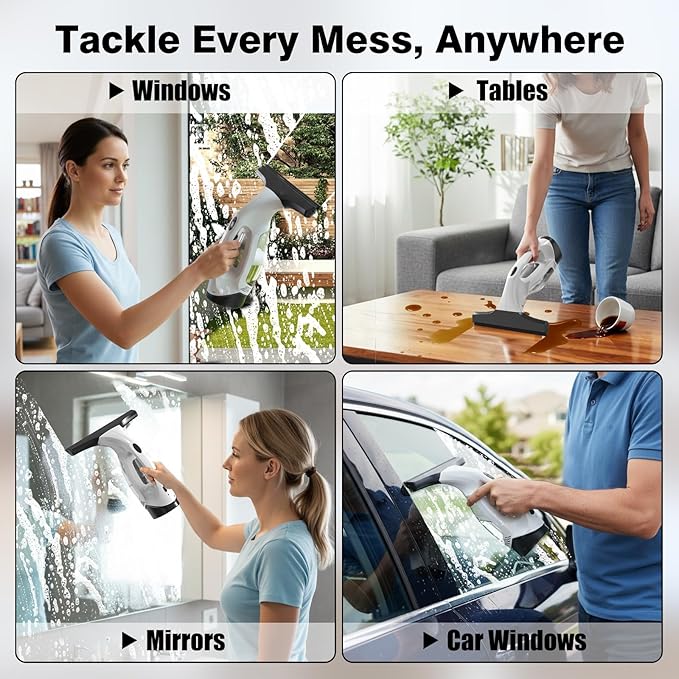 Window Vacuum Squeegee Cordless, Electric Window Cleaner Tool with Water Collection Tank, Window Cleaning Kit Shower Squeegee for Glass Doors, Windows, Mirrors, Car