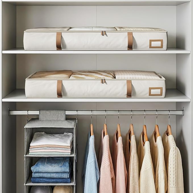 Vailando Under Bed Storage Containers, 6 Inches Tall 60L Underbed Storage Bins with Leather Handles and Sidewalls, Closet Organizer for Clothes, Blankets, Seasonal Items, Beige with Brown, 2-Pack