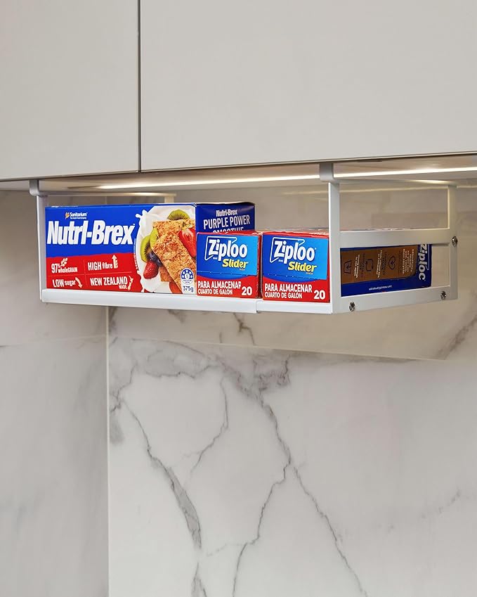 2Pack Under Shelf Storage Basket Organizer Expandable Width Add-On Space Saver Hanging Under Cabinet Pantry Kitchen Countertop Desktop Cupboard Board Slide-In White Heavy-Duty Metal Wider Size