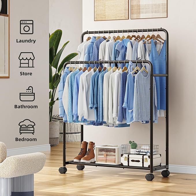 Simple Trending Clothing Clothes Rack Double Rods with Wheels, Rolling Metal Garment Rack for Hanging, Black